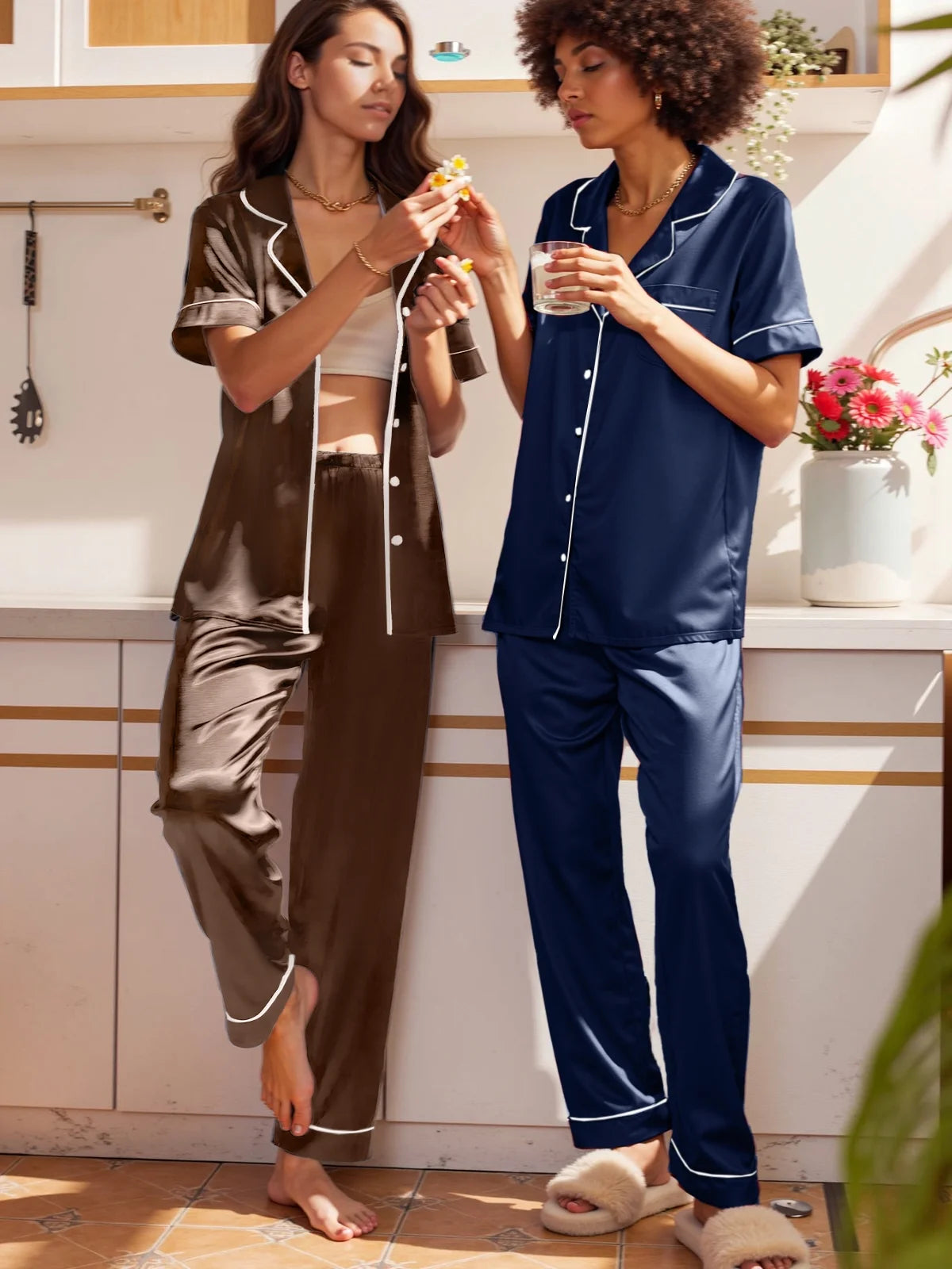 Silk Satin Pajamas Set for Women Two-Piece Short Sleeve Shirt with Long Pajama Pant Set Soft Button down Loungewear Nightwear Pjs Sleepwear for Women